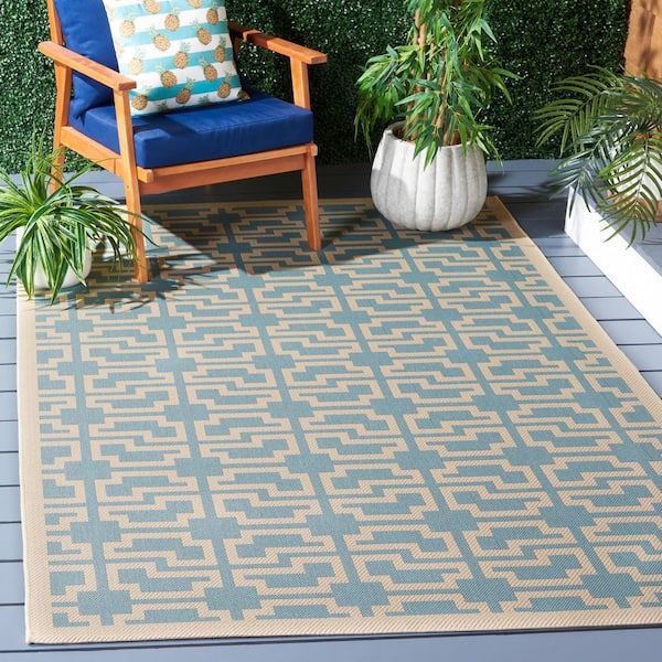 Courtyard Aqua/Beige 3 ft. x 8 ft. Border Indoor/Outdoor Patio  Runner Rug
