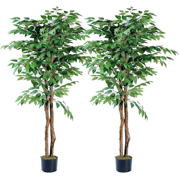 VECELO 5 ft. Artificial Ficus Tree, Green Faux Ficus Trees, Fake Silk Plant for Indoor Outdoor Home Office Decor, 2 Pack