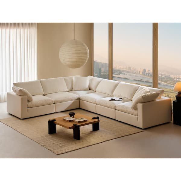 Modern 157 in. Wide Square Arm Linen Fabric L-Shaped Sectional Sofa Combination Sofa 6 Seats in. Pearl White