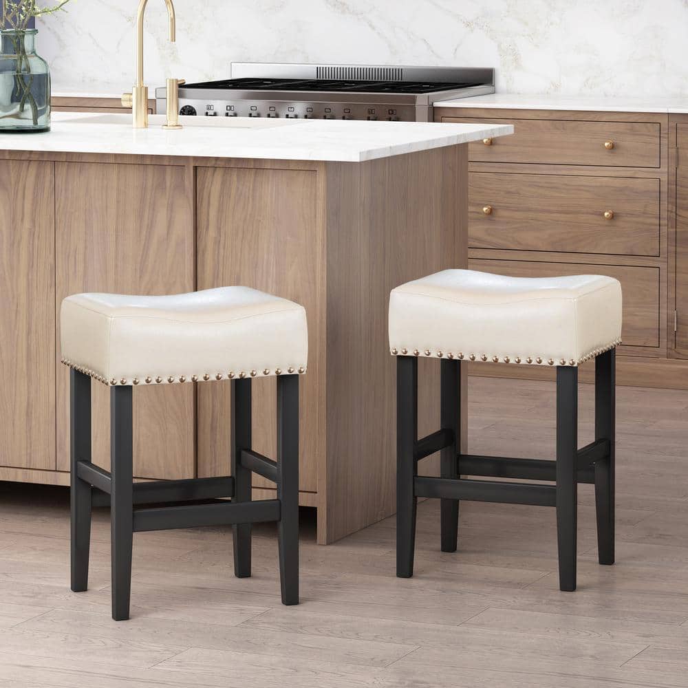 Ivory Faux Leather Saddle Counter Stools with Black Wood Frame, Set of 2