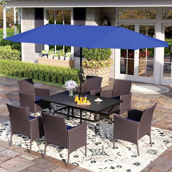 PHI VILLA Black 8-Piece Metal Patio Outdoor Dining Set with Slat Table, Blue Umbrella and Rattan Chairs with Blue Cushion