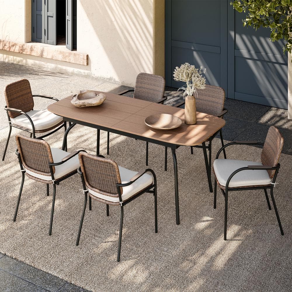 Brown 7-Piece Wicker Rectangular Outdoor Dining Set with Beige Cushions with Expandable Table price history on PriceWatchPro