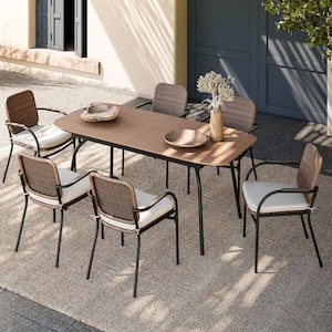 Brown 7-Piece Wicker Rectangular Outdoor Dining Set with Beige Cushions with Expandable Table