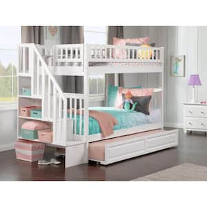 Woodland Staircase Bunk Bed Twin over Twin with Twin Size Raised Panel Trundle Bed in White