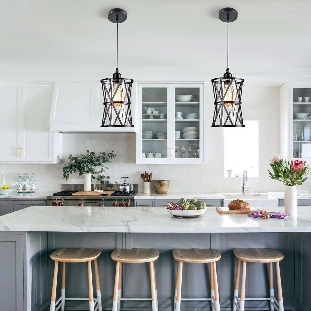 Black Metal Cage Mini Pendant Light with Clear Glass Shade