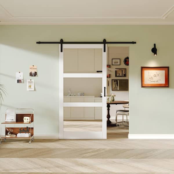 48 in. x 84 in. 3-Lite Mirrored Glass White Finished Composite MDF Barn Door Slab with Hardware Kit