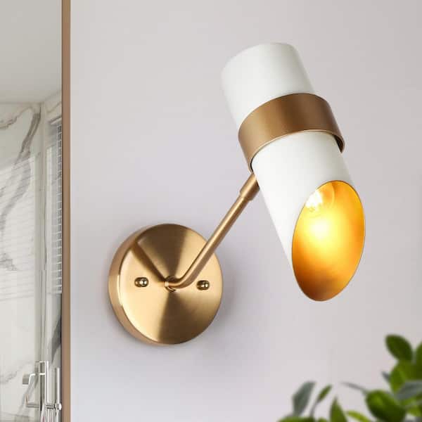LNC Modern White Wall Sconce with Gold Swivel Joint Coastal 1-Light Damp Rated Bathroom Vanity Light with Metal Shade
