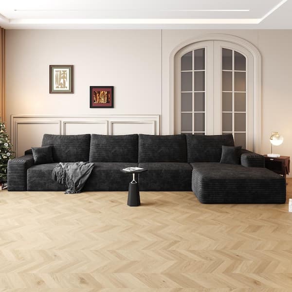 Modern Collection 135 in. Square Arm 4-Piece Corduroy L-Shaped Chaise Deep Seat Upholstered Sectional Sofa in Black