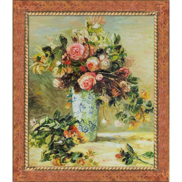 LA PASTICHE Roses and Jasmine in a Delft Vase by Pierre-Auguste Renoir Twined sherbet Framed Oil Painting Art Print 25 in. x 29 in.