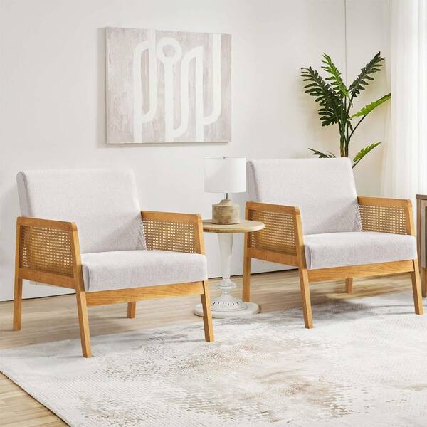 TENGYA LLC Beige Linen Arm Chair with Solid Wood Frame & Soft Cushion, Reading Chairs, Mid-Century Lounge Chair for Bedroom Balcony