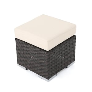Brown Wicker Outdoor Ottoman with Beige Cushion for Backyard, Porch, Poolside and Garden