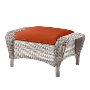 Beacon Park Gray Wicker Outdoor Patio Ottoman with CushionGuard Quarry Red Cushions
