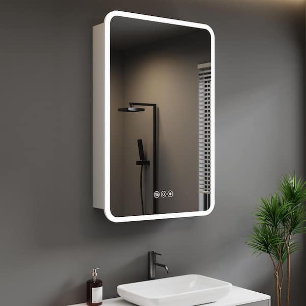 HBEZON Aura 20 in. W x 28 in. H Rectangular Aluminum Recessed/Surface Mount Dimmable Medicine Cabinet with Mirror, Right Hinge