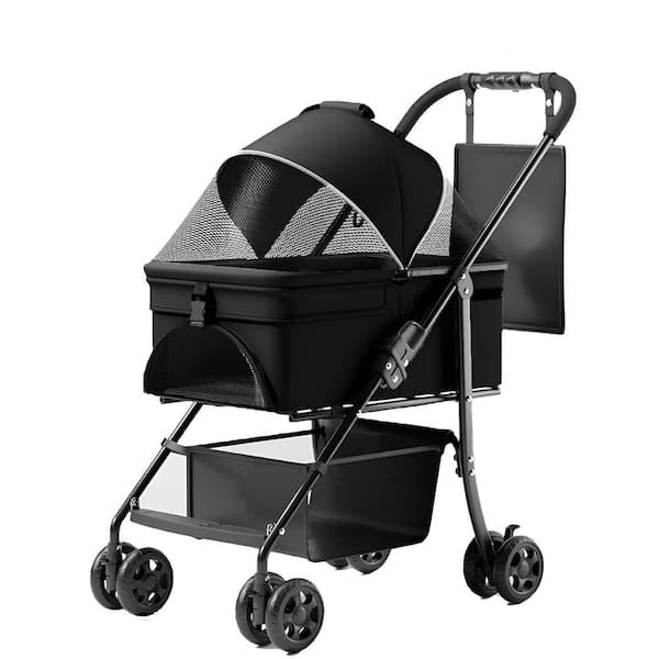 Tatayosi Foldable 4 Wheels Pet Stroller with Removable Travel Carrier, Waterproof Pad, Car Seat, Sun Shade, Black