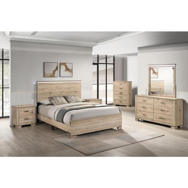 Steph 6-Piece Light Oak Wood Frame Eastern King Panel Bedroom Set