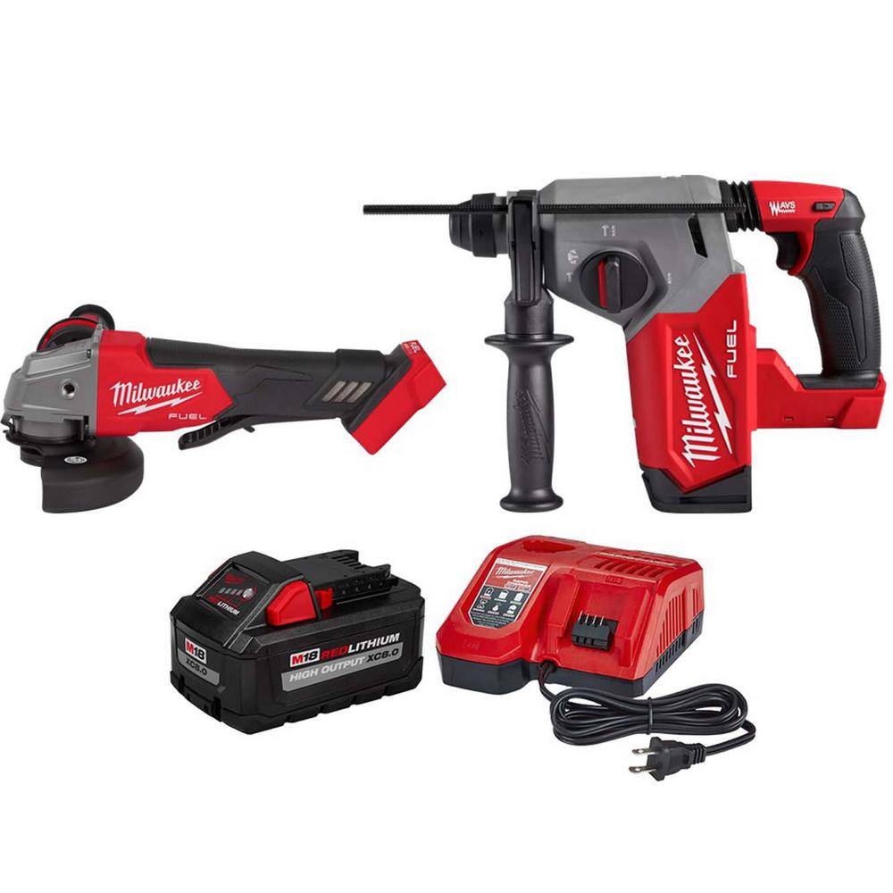 Milwaukee M18 FUEL 18-Volt Lithium-Ion Brushless Cordless in. SDS-Plus  Rotary Hammer and FUEL Grinder with 8.0 Ah Starter Kit 2912-20-2880-20-48-59-1880  The Home Depot