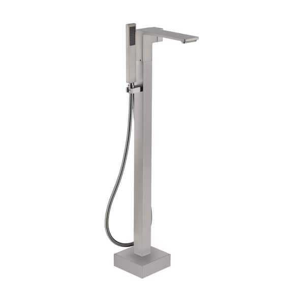 1-Handle Floor Mount Freestanding Tub Faucet with Square Handheld Shower in Brushed Nickel