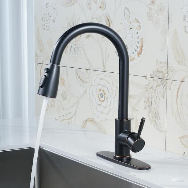 Stainless Steel Single Handle Pull Down Sprayer Kitchen Faucet w/ 3-Mode Advanced Spray, Deckplate in Oil Rubbed Bronze