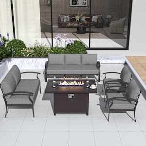 7-Piece Aluminum Patio Conversation Set with Armrest, 55000 BTU Firepit Table and Grey Cushions
