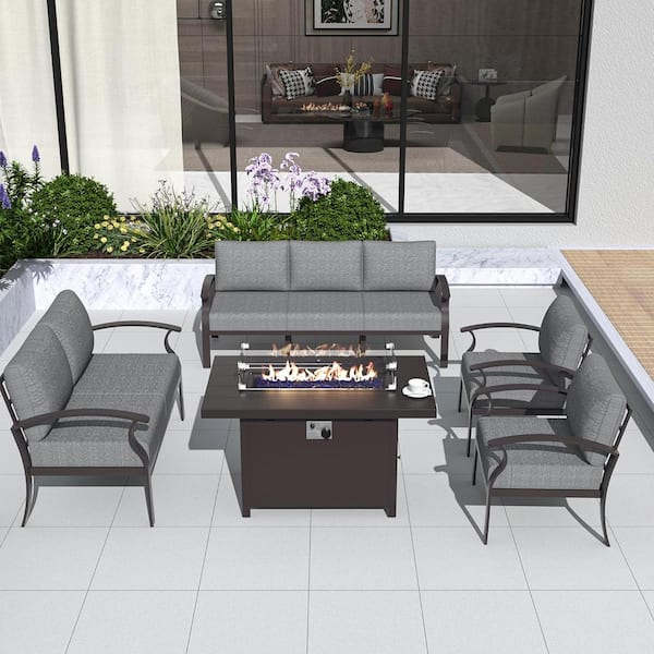 Halmuz 7-Piece Aluminum Patio Conversation Set with Armrest, 55000 BTU Firepit Table and Grey Cushions