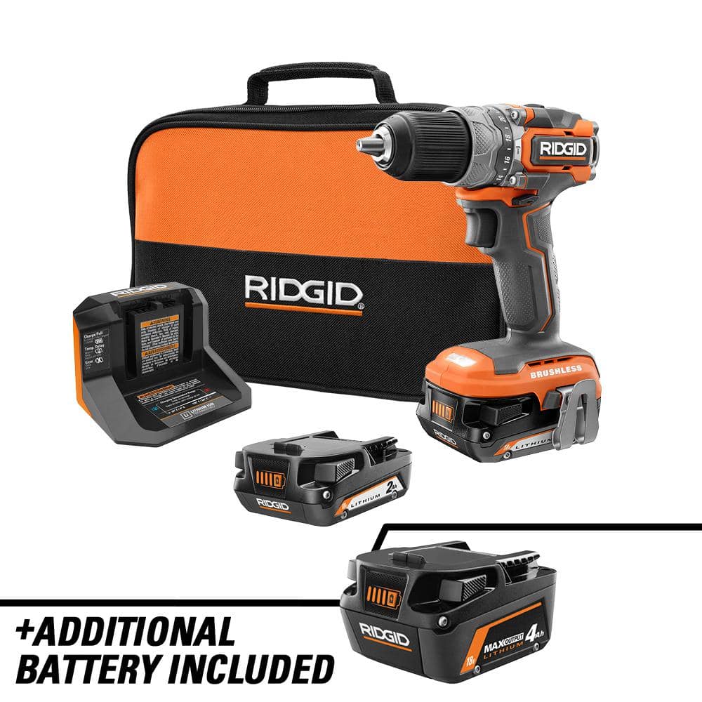 RIDGID 18V SubCompact Brushless 1/2 in. Hammer Drill Kit w/(2) Batteries, Charger, Bag & 4.0 Ah MAX Output Lithium-Ion Battery -  R8711K-R840040
