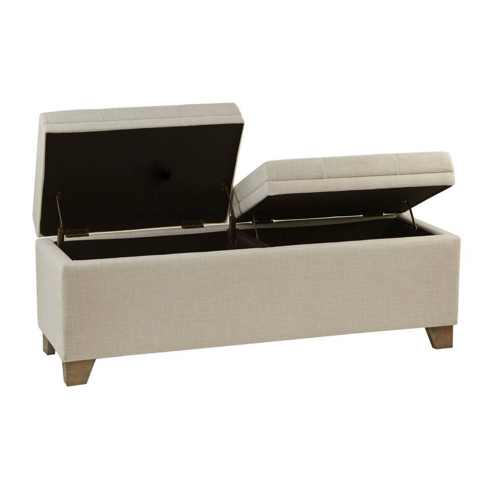 Beige Upholstered Storage Bench with Natural Wood Legs