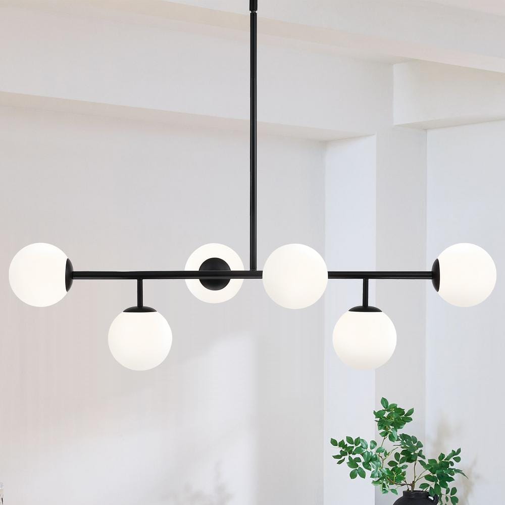 Matte Black Linear Sputnik Chandelier with Frosted Glass Globes