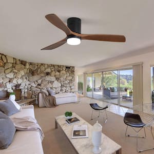 52 in. LED Indoor/Outdoor Flush Mount Smart Matte Black Ceiling Fan with Wood Blades, 6-Speed DC Remote Control