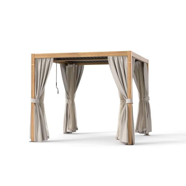 10 ft. x 10 ft. Wood Grain Aluminum Louvered Pergola with Adjustable Roof and Khaki Curtains