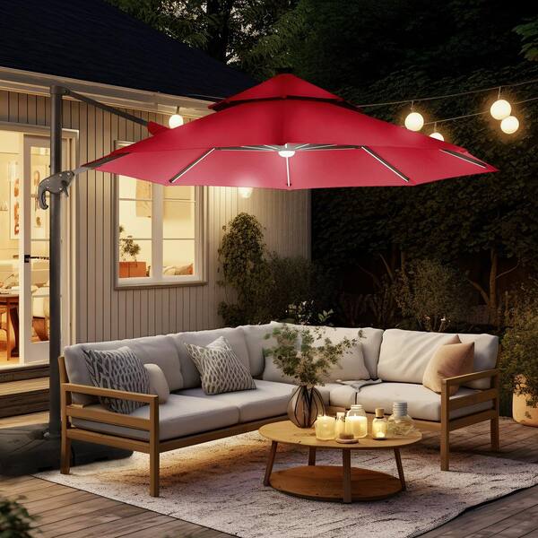 Maxy 2-Piece 10 ft. Steel Roma Cantilever Solar LED Strip Tilt 360 Patio Umbrella In Red with Base