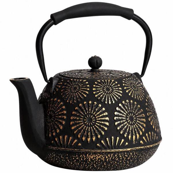 4-Cup Black Cast Iron Tea Pot with Enameled Interior and Silicone Handle, 40 oz. Tea Kettle with Infuser for Stove Top