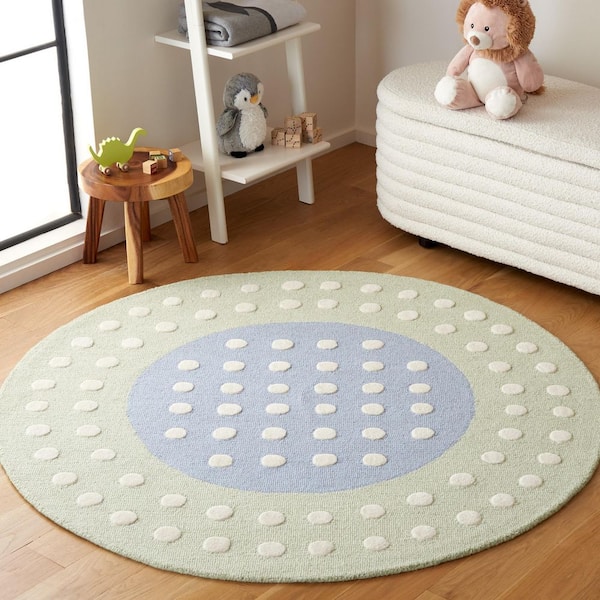 Kids 5 ft. x 5 ft. Blue/Green Polka-Dot Border Round Area Rug