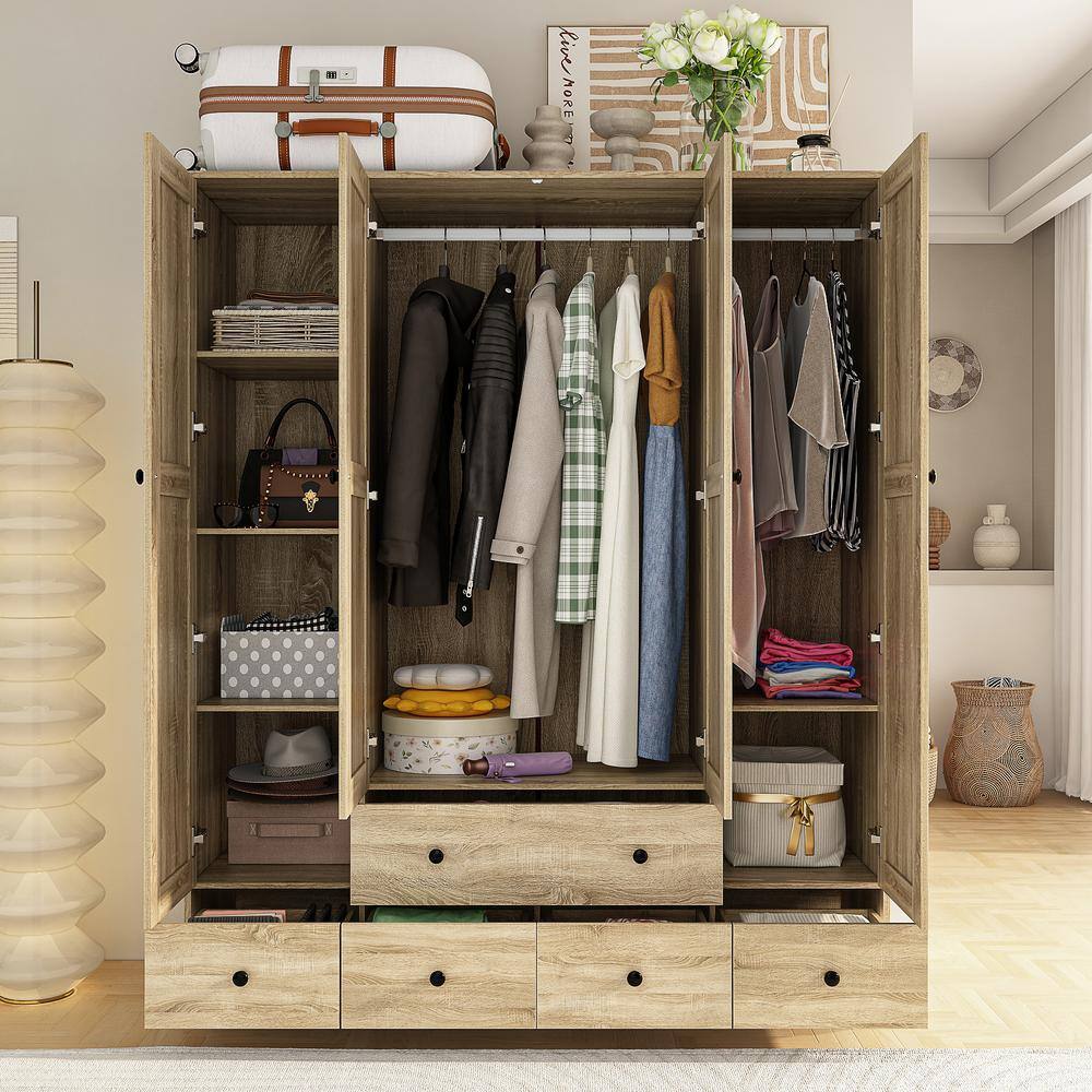 Brown Wood Grain 59 in. W Rattan Doors Design Armoires Wardrobe with 5-Drawers, 2-Hanging Rods (70.8 in. H x 18.8 in. D) - thumbnail 4