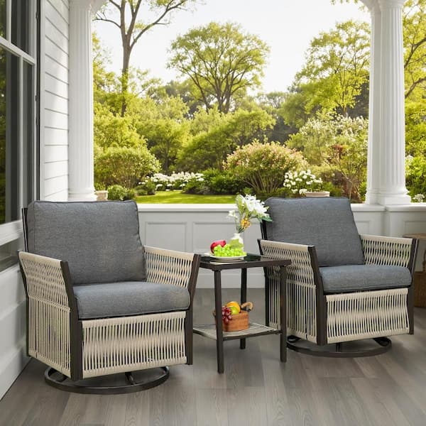 3-Piece Beige Wicker Outdoor Rocking Chair with Dark Gray Cushions