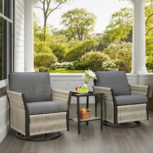 Nyajiah 3-Piece Beige Wicker Outdoor Rocking Chair with Dark Gray Cushions