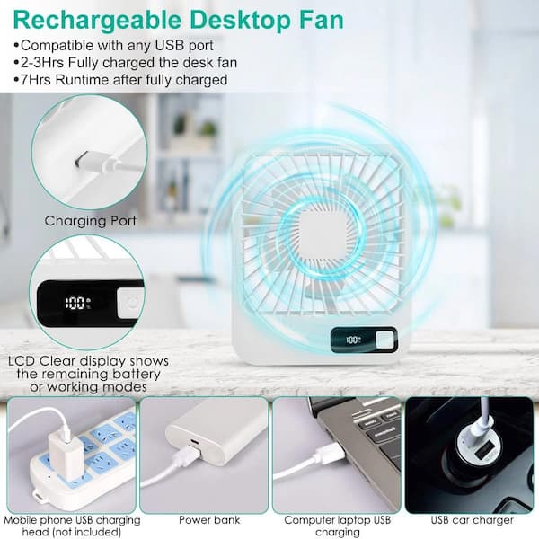 Adrinfly - Mini Micro-USB Powered 5 in. 5 fan speeds Desk Fan in White, Adjustment Strong Airflow Quiet Travel Fan with LCD Display