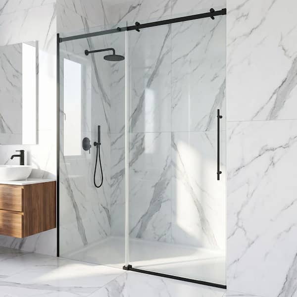 Luca 56 to 60 in. W x 79 in. H Sliding Frameless Shower Door in Matte Black with 3/8 in. (10mm) Clear Glass