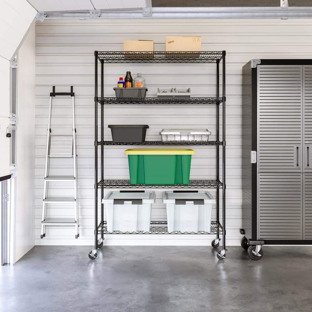 Black Adjustable 5-Tier Steel Wire Shelving Unit with Wheels