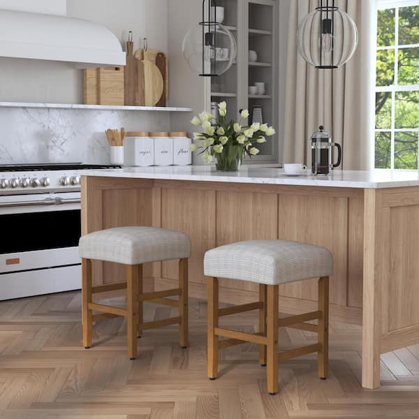 Homepop 24.5 in. Cream and Sage Mini Grid Woven Backless Honey Wood Bar Stool Counter Stool with Polyester Seat 1 Stool Included