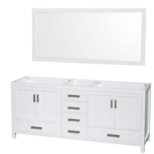 Wyndham Collection Sheffield 78.5 in. W x 21.5 in. D x 34.25 in. H Double Bath Vanity Cabinet without Top in White with 70" Mirror