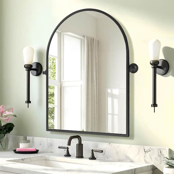 Lirago 24 in. W x 32 in. H Arched Metal Framed Pivoted Bathroom Wall Vanity Mirror in Black