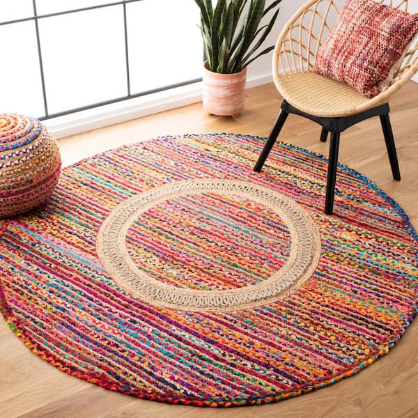 Braided Pink Sage 6 ft. x 6 ft. Border Chevron Round Area Rug