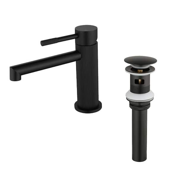 Modern Single Handle Single Hole Bathroom Sink Faucet with Pop Up Drain, Vertical Stripe Design Faucet in Matte Black