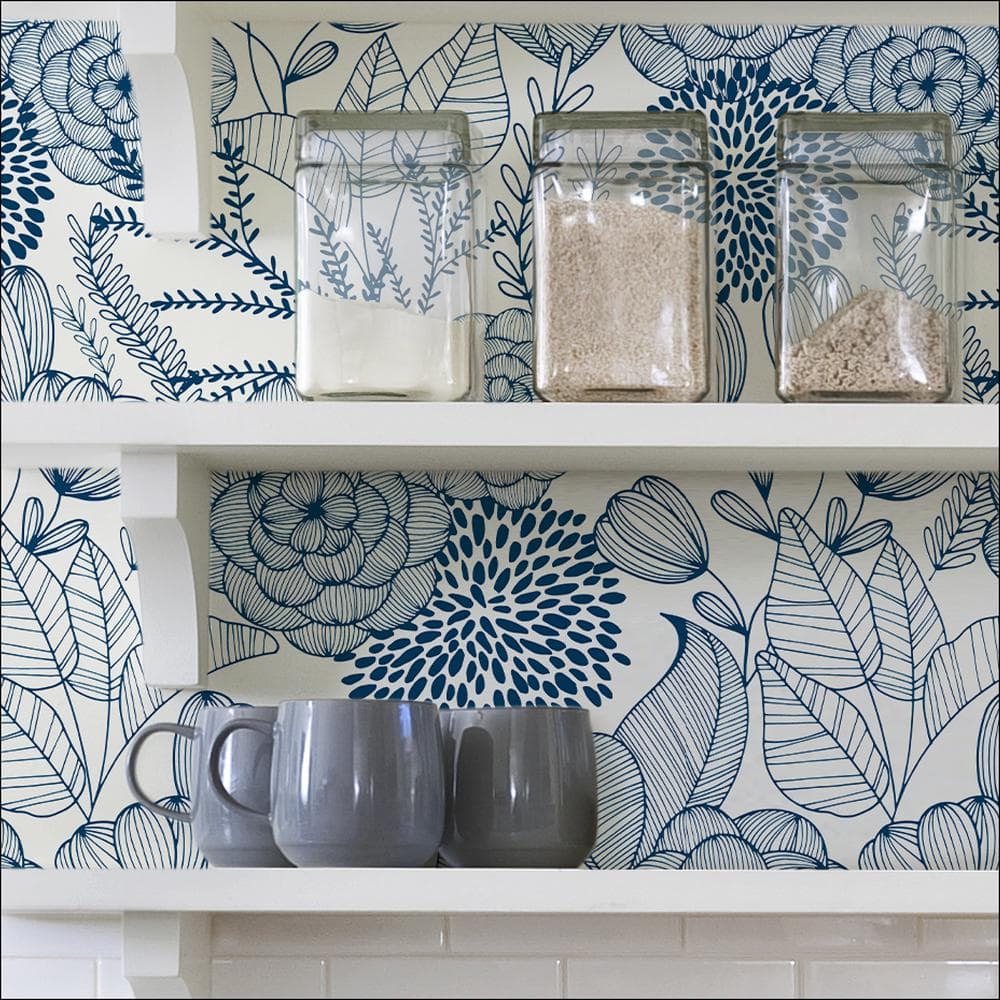 Navy Floral Garden Peel and Stick Wallpaper, Self-Adhesive Vinyl
