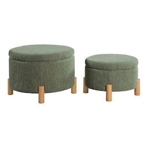 Bennett 2-Pieces Polyester Storage Ottoman Set in Pine Fabric and Natural Legs