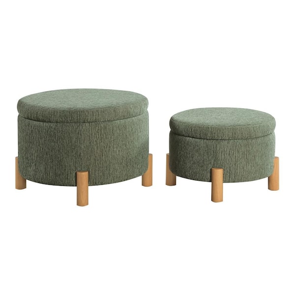 OSP Home Furnishings Bennett 2-Pieces Polyester Storage Ottoman Set in Pine Fabric and Natural Legs