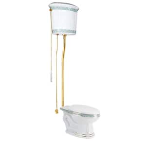 India Reserve High Tank Toilet Single Flush Elongated Bowl in White and Green with Tank and Brass Rear Entry Pipes