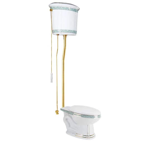 RENOVATORS SUPPLY MANUFACTURING India Reserve High Tank Toilet Single Flush Elongated Bowl in White and Green with Tank and Brass Rear Entry Pipes
