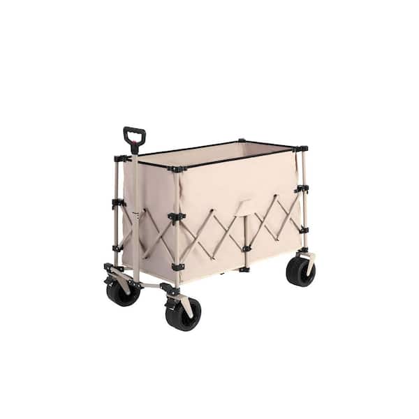 Beige 10 cu. ft. Steel Garden Cart, Foldable Extended Wagon with Big All-Terrain Beach Wheels & Drink Holders