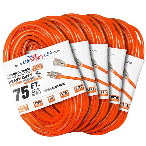 LifeSupplyUSA 75 ft. 12-Gauge/3 Conductors SJTW Indoor/Outdoor Extension Cord with Lighted End Orange (5-Pack)